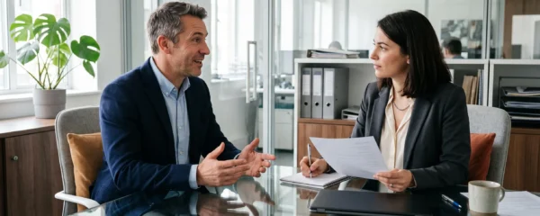 Un candidat cadre en entretien avec une consultante d'un cabinet de recrutement qui prend des notes sur son dossier.