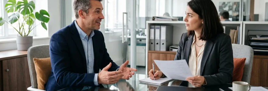 Un candidat cadre en entretien avec une consultante d'un cabinet de recrutement qui prend des notes sur son dossier.